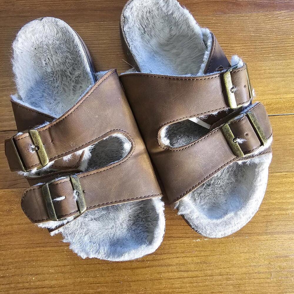 Brown Faux Fur Lined Slide Sandals with Buckle Straps